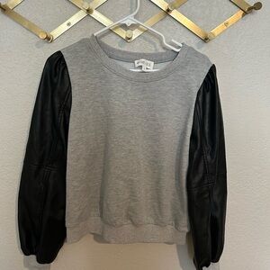 Chic Gray Sweatshirt with Black Faux Leather Sleeves